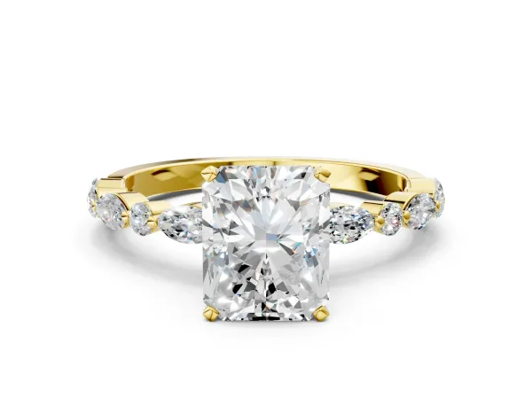 Radiant Cut Diamond Ring with Marquise and Round Side Stones and Four-Prong Setting Yellow gold