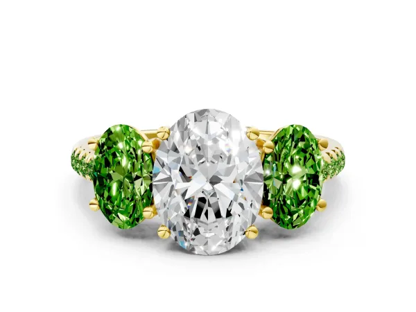 Three-Stone Oval Cut Diamond Ring with Round Peridot Pavé Band and Prong Setting Yellow gold