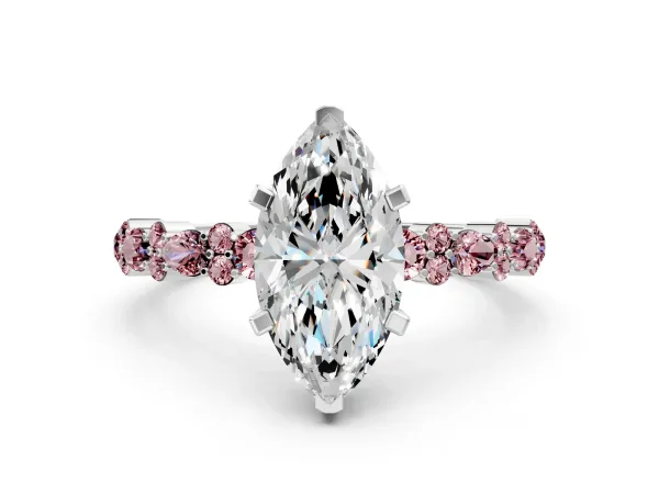 Marquise Cut Diamond Side Stone Solitaire Ring with Round Morganite and Four-Prong Setting Platinum