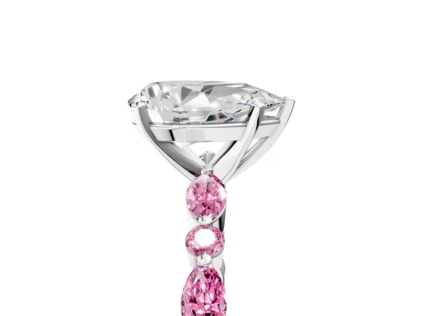 Pear Cut Diamond Ring with Marquise and Round Pink Sapphire Side Stones and Four-Prong Setting Platinum