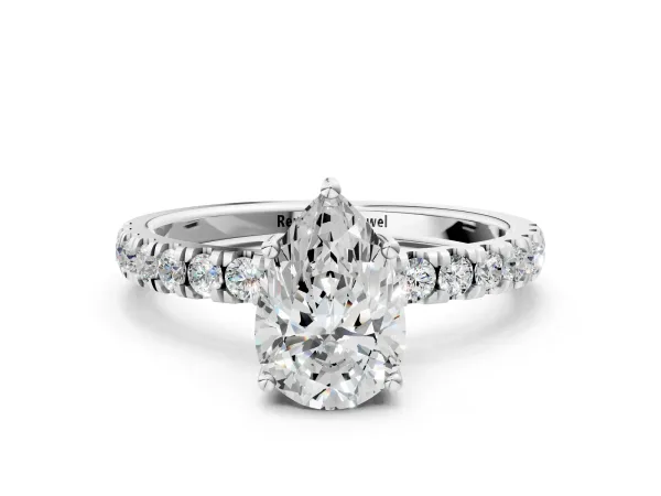 Pear Cut Diamond Pave Band Solitaire Ring with Round and Prong Setting White gold