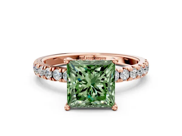 Fancy Green Princess Cut Diamond Pave Band Solitaire Ring with Round and Prong Setting Rose gold