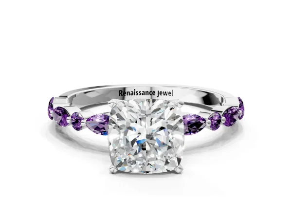 Cushion Cut Diamond Ring with Marquise and Round Amethyst Side Stones and Four-Prong Setting Platinum