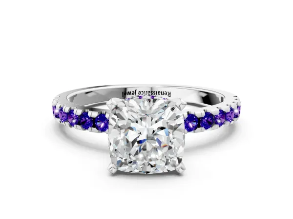 Cushion Cut Diamond Solitaire Ring with Round Tanzanite Pavé Band and Four-Prong Setting Silver