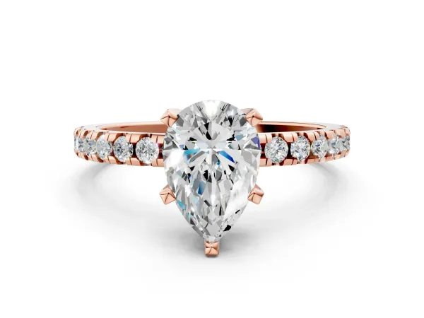 Pear Cut Diamond Solitaire Ring with Round Pavé Band and Four-Prong Setting Rose gold