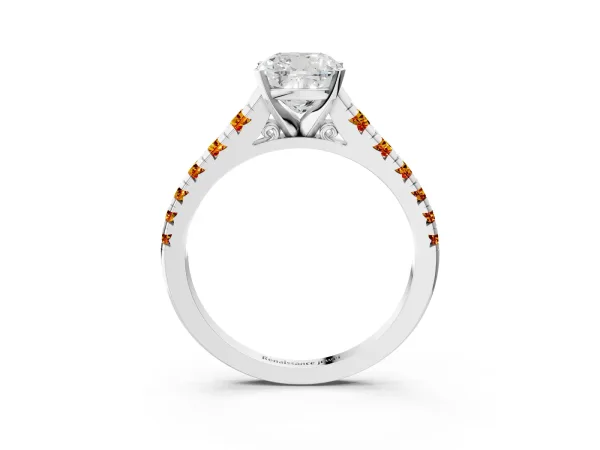 Cushion Cut Diamond Cathedral Solitaire Ring with Round Citrine Pavé Band Silver