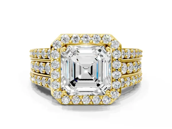 Asscher Cut Halo Diamond Ring with Round Moissanite Split Shank and Prong Setting Yellow gold
