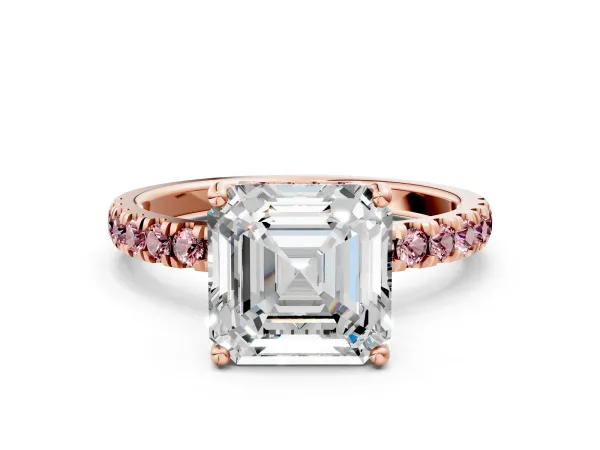 Asscher Cut Diamond Pave Band Solitaire Ring with Round Morganite and Prong Setting Rose gold