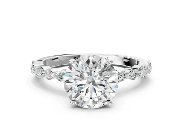 Round Cut Diamond Ring with Marquise and Round Moissanite Side Stones and Four-Prong Setting White gold