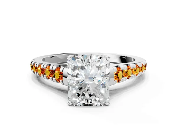 Radiant Cut Diamond Cathedral Solitaire Ring with Round Citrine Pavé Band Platinum