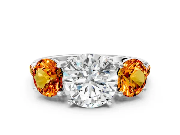 Three-Stone Round Cut Diamond Ring with Round Citrine Pavé Band and Prong Setting White gold