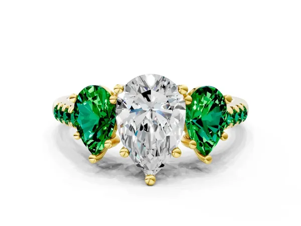 Three-Stone Pear Cut Diamond Ring with Round Emerald Pavé Band and Prong Setting Yellow gold