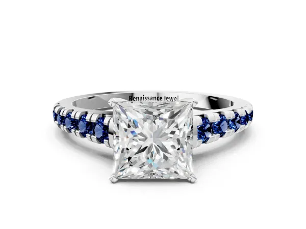 Princess Cut Diamond Cathedral Solitaire Ring with Round Blue Sapphire Pavé Band Platinum