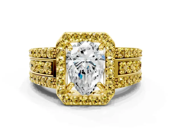 Pear Cut Halo Diamond Ring with Round Yellow Sapphire Split Shank and Prong Setting Yellow gold