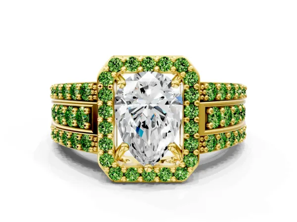 Pear Cut Halo Diamond Ring with Round Peridot Split Shank and Prong Setting Yellow gold