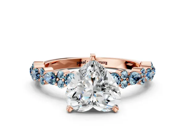 Heart Cut Diamond Side Stone Solitaire Ring with Round Aquamarine and Four-Prong Setting Rose gold