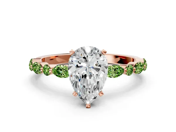 Pear Cut Diamond Ring with Marquise and Round Peridot Side Stones and Four-Prong Setting Rose gold
