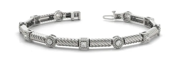 Round Bezel Set Diamond Rope Bracelet with Box Clasp White gold
