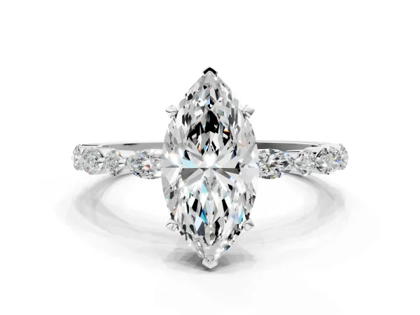 Marquise Cut Diamond Ring with Marquise and Round Side Stones and Four-Prong Setting White gold