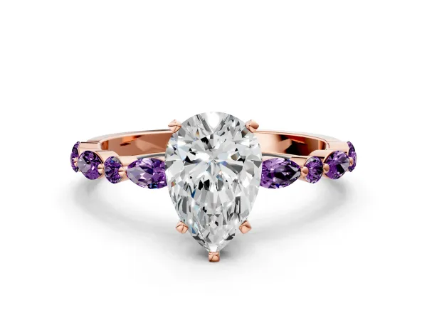 Pear Cut Diamond Ring with Marquise and Round Amethyst Side Stones and Four-Prong Setting Rose gold