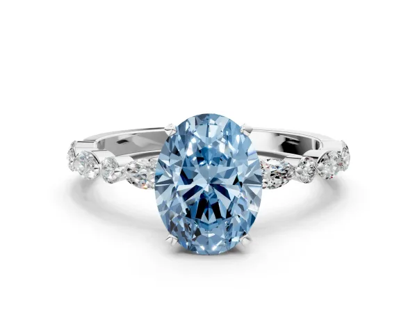 Fancy Blue Oval Cut Diamond Ring with Marquise and Round Side Stones and Four-Prong Setting White gold