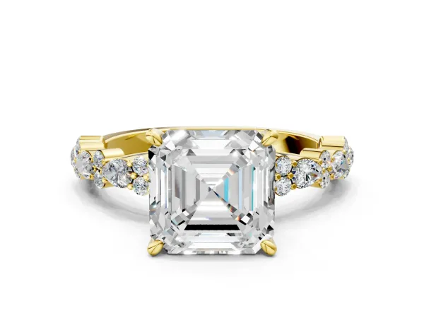Asscher Cut Diamond Side Stone Solitaire Ring with Round and Four-Prong Setting Yellow gold