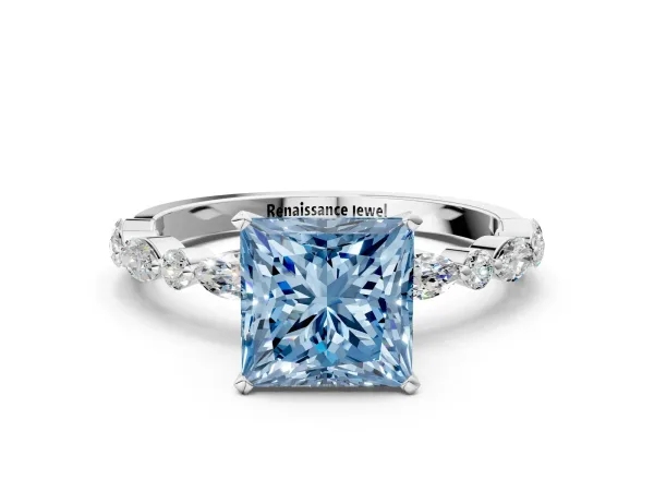 Fancy Blue Princess Cut Diamond Ring with Marquise and Round Side Stones and Four-Prong Setting Platinum