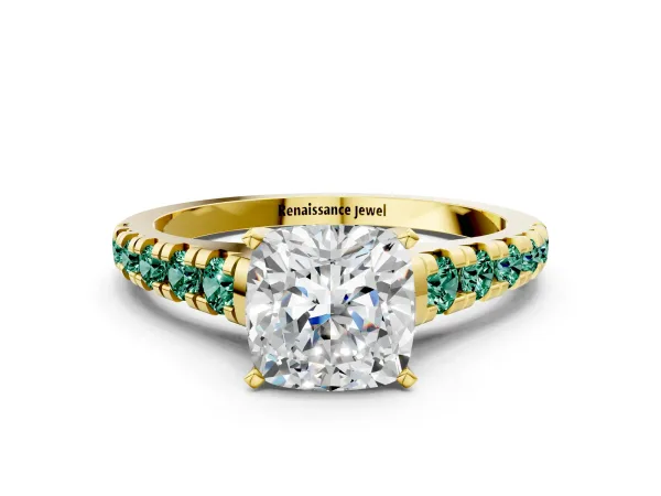 Cushion Cut Diamond Cathedral Solitaire Ring with Round Green Sapphire Pavé Band Yellow gold