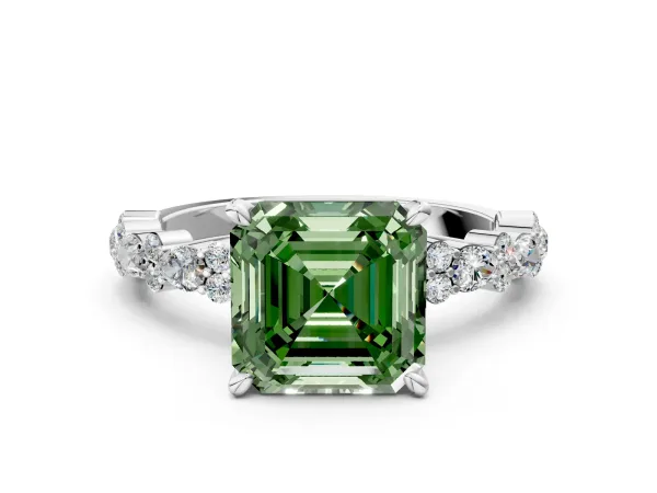 Fancy Green Asscher Cut Diamond Side Stone Solitaire Ring with Round and Four-Prong Setting Platinum