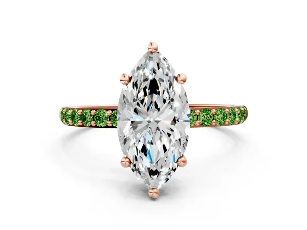 Marquise Cut Diamond Solitaire Ring with Round Peridot Pavé Band and Prong Setting Rose gold