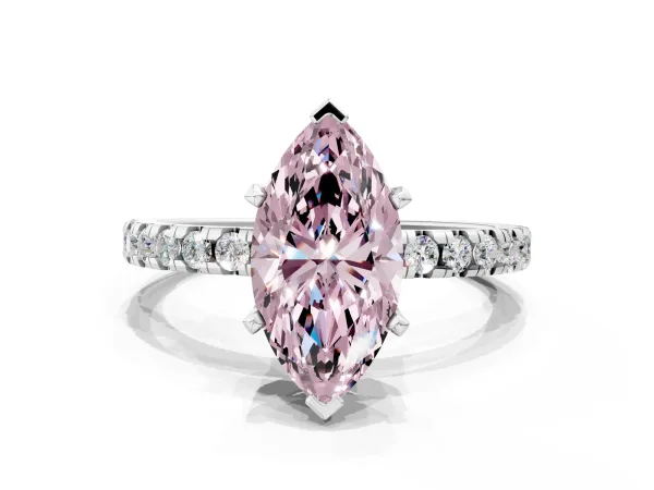 Fancy Pink Marquise Cut Diamond Solitaire Ring with Round Pavé Band and Four-Prong Setting Silver