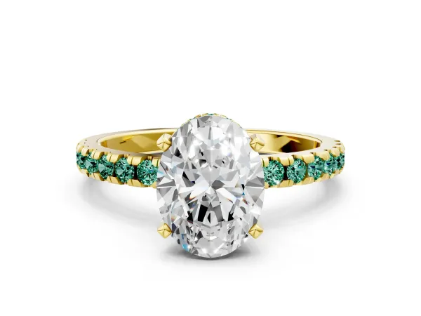 Oval Cut Diamond Solitaire Ring with Round Green Sapphire Pavé Band and Four-Prong Setting Yellow gold