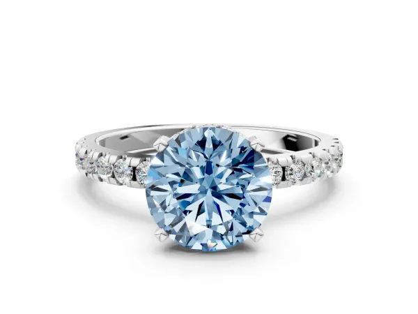 Fancy Blue Round Cut Diamond Solitaire Ring with Round Pavé Band and Four-Prong Setting White gold