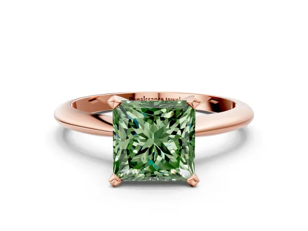 Fancy Green Princess Cut Diamond Solitaire Engagement Ring with Classic Band and Four-Prong Setting Rose gold