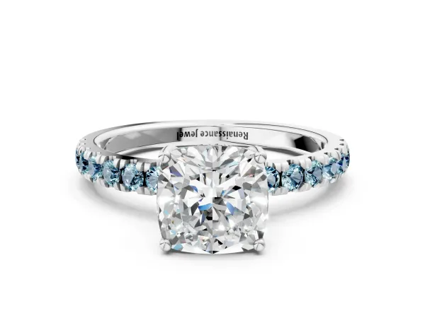 Cushion Cut Diamond Pave Band Solitaire Ring with Round Aquamarine and Prong Setting Platinum