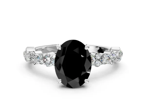 Fancy Black Oval Cut Diamond Side Stone Solitaire Ring with Round and Four-Prong Setting Platinum
