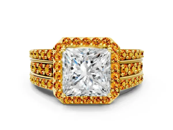 Princess Cut Halo Diamond Ring with Round Citrine Split Shank and Prong Setting Yellow gold