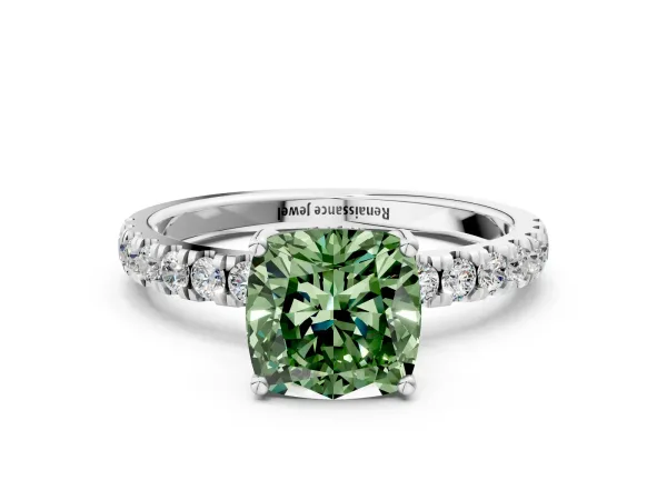 Fancy Green Cushion Cut Diamond Pave Band Solitaire Ring with Round and Prong Setting Platinum