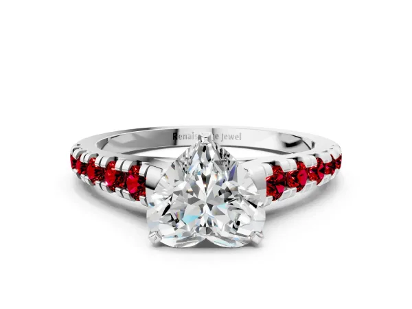 Heart Cut Diamond Cathedral Solitaire Ring with Round Ruby Pavé Band Platinum