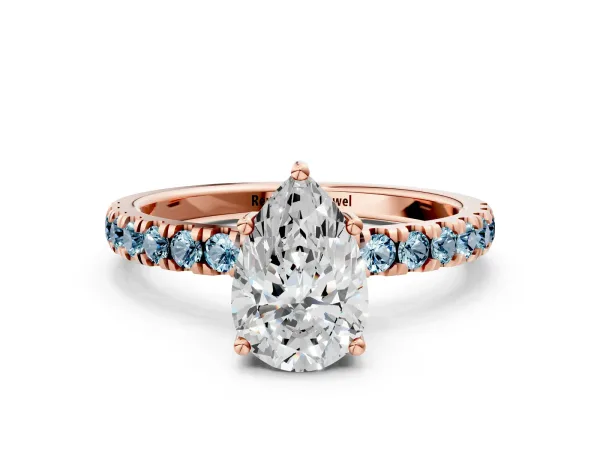 Pear Cut Diamond Pave Band Solitaire Ring with Round Aquamarine and Prong Setting Rose gold