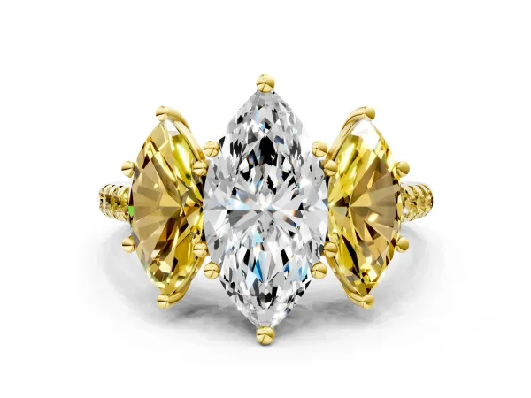 Three-Stone Marquise Cut Diamond Ring with Round Yellow Sapphire Pavé Band and Prong Setting Yellow gold