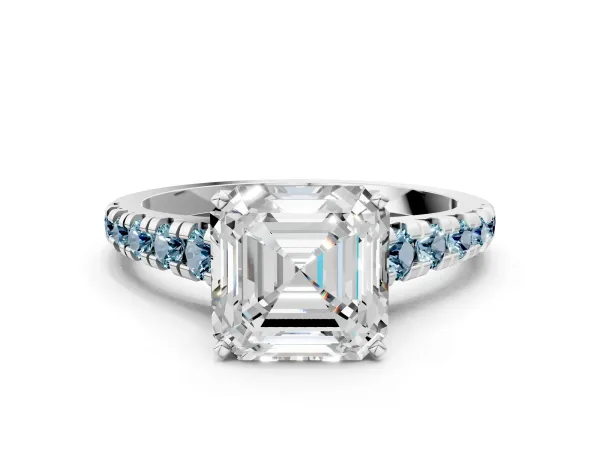 Asscher Cut Diamond Cathedral Solitaire Ring with Round Aquamarine Pavé Band Platinum