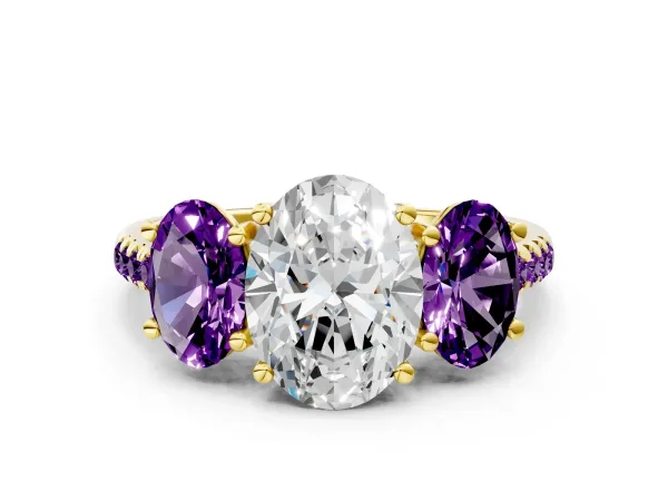 Three-Stone Oval Cut Diamond Ring with Round Amethyst Pavé Band and Prong Setting Yellow gold
