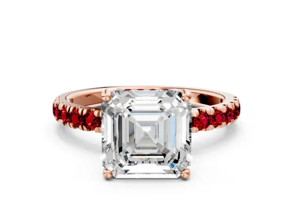 Asscher Cut Diamond Pave Band Solitaire Ring with Round Ruby and Prong Setting Rose gold