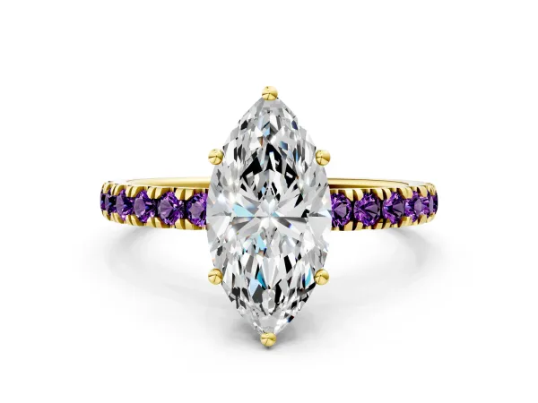Marquise Cut Diamond Pave Band Solitaire Ring with Round Amethyst and Prong Setting Yellow gold