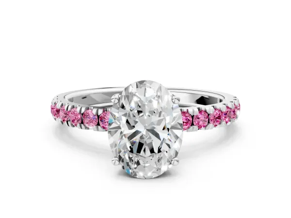 Oval Cut Diamond Pave Band Solitaire Ring with Round Pink Sapphire and Prong Setting Platinum