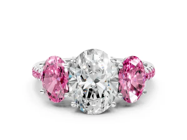Three-Stone Oval Cut Diamond Ring with Round Pink Sapphire Pavé Band and Prong Setting Platinum