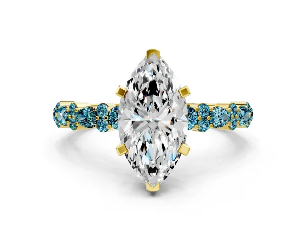 Marquise Cut Diamond Side Stone Solitaire Ring with Round Blue Topaz and Four-Prong Setting Yellow gold