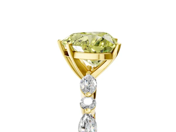 Fancy Yellow Heart Cut Diamond Ring with Marquise and Round Side Stones and Four-Prong Setting Yellow gold