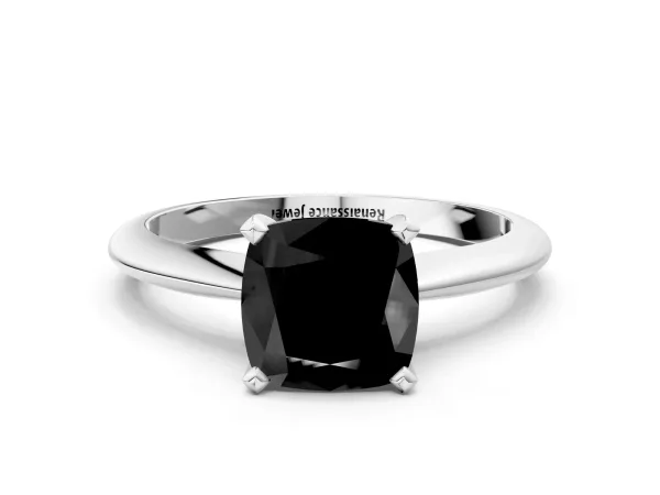 Fancy Black Cushion Cut Diamond Solitaire Engagement Ring with Classic Band and Four-Prong Setting White gold
